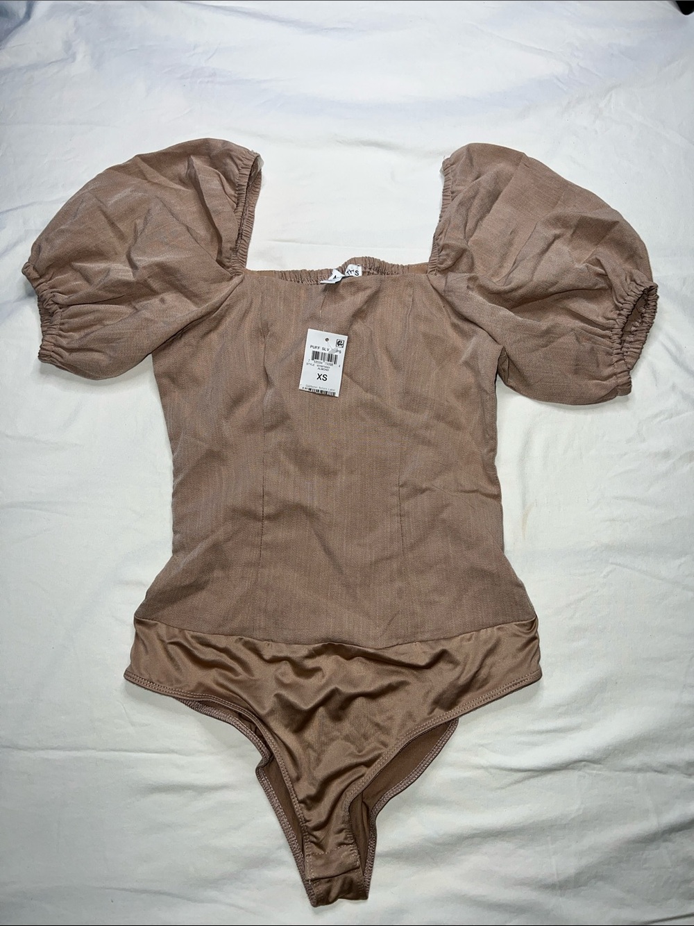 Puff Sleeve One-Piece bodysuit in Taupe